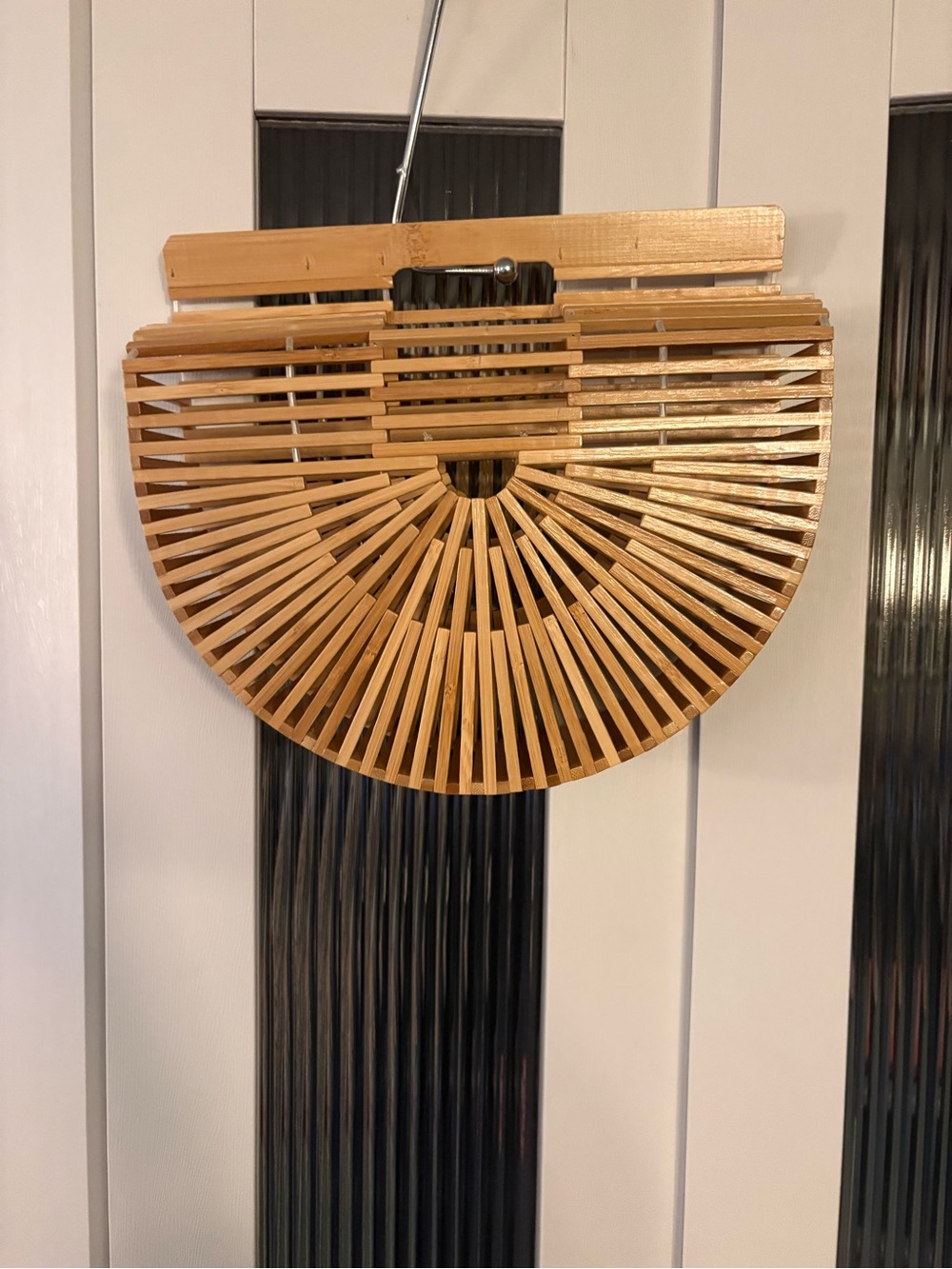 Bamboo Semi-Circle Woven Handbag - Natural Tan